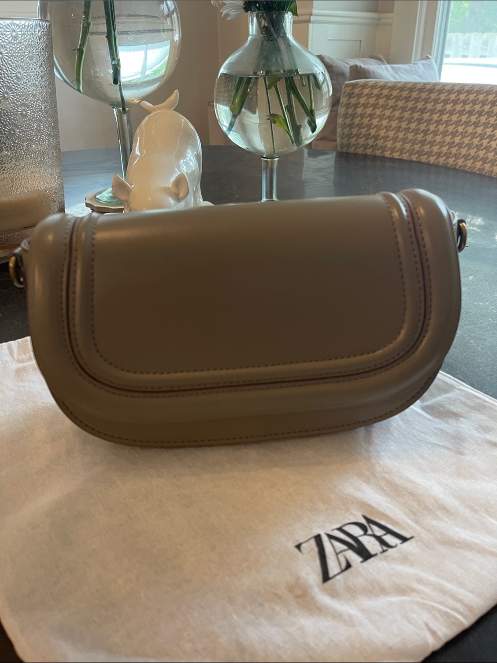 ZARA Taupe Olive Green Curved Saddle Crossbody Bag